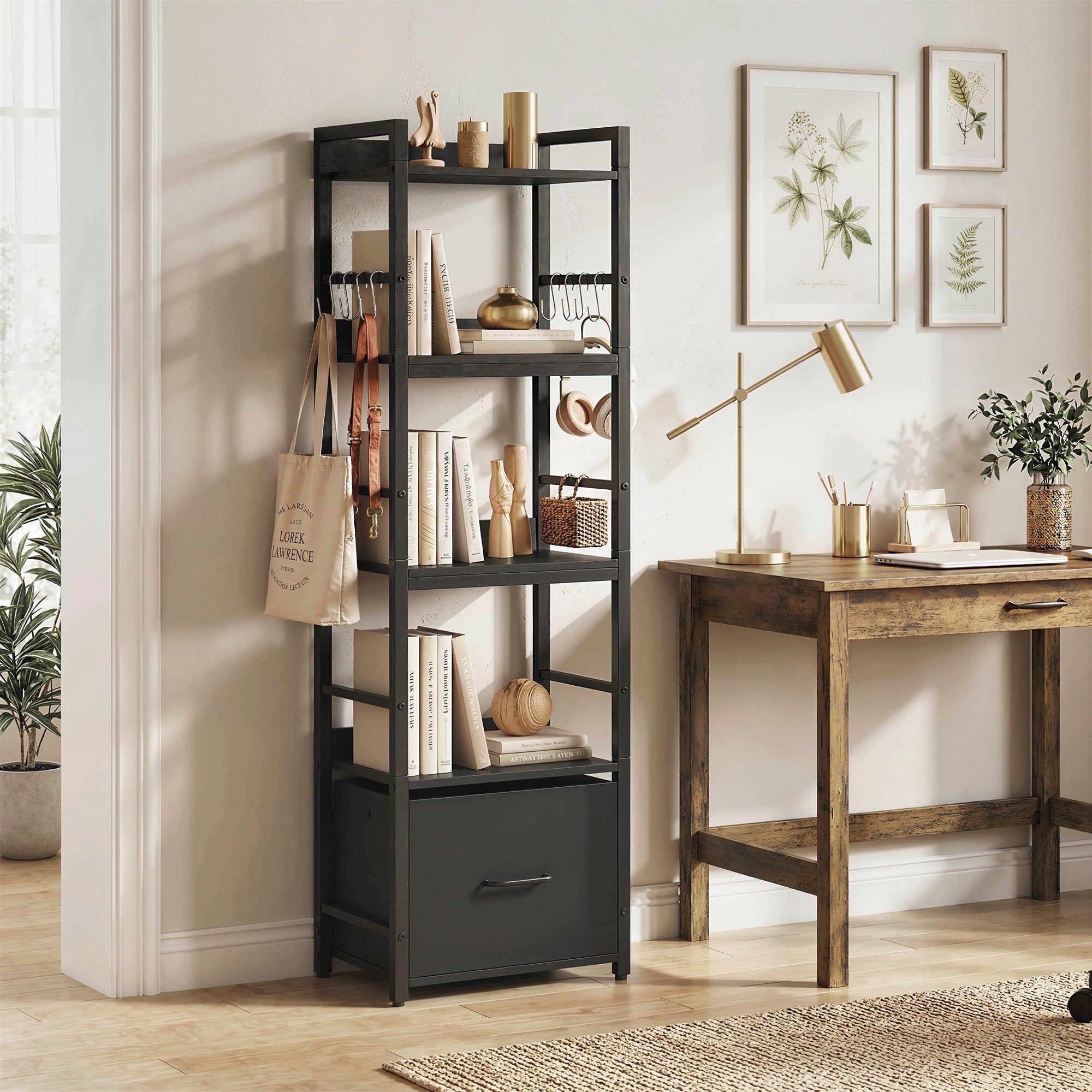 4-Tier Bookshelf, Narrow Bookcase with Drawer, 8 Hooks, Metal Frame, Black