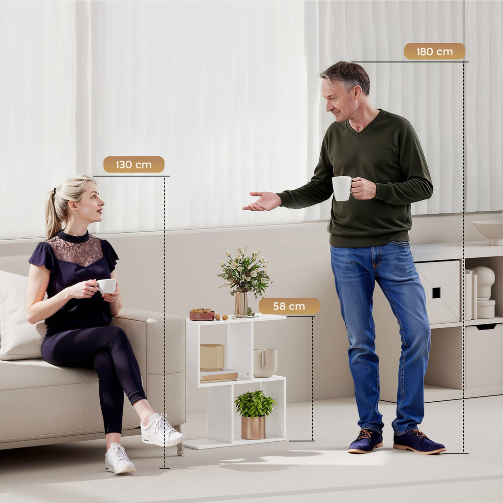 Side Table, Narrow End Table with Storage Shelves, S-Shaped, 3-Tier, 50W x 19.5D x 58H cm, White