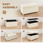 Velvet Upholstered Foldable Ottoman Footrest, Storage Ottoman Bench with Wood Legs for Living Room, Cream White