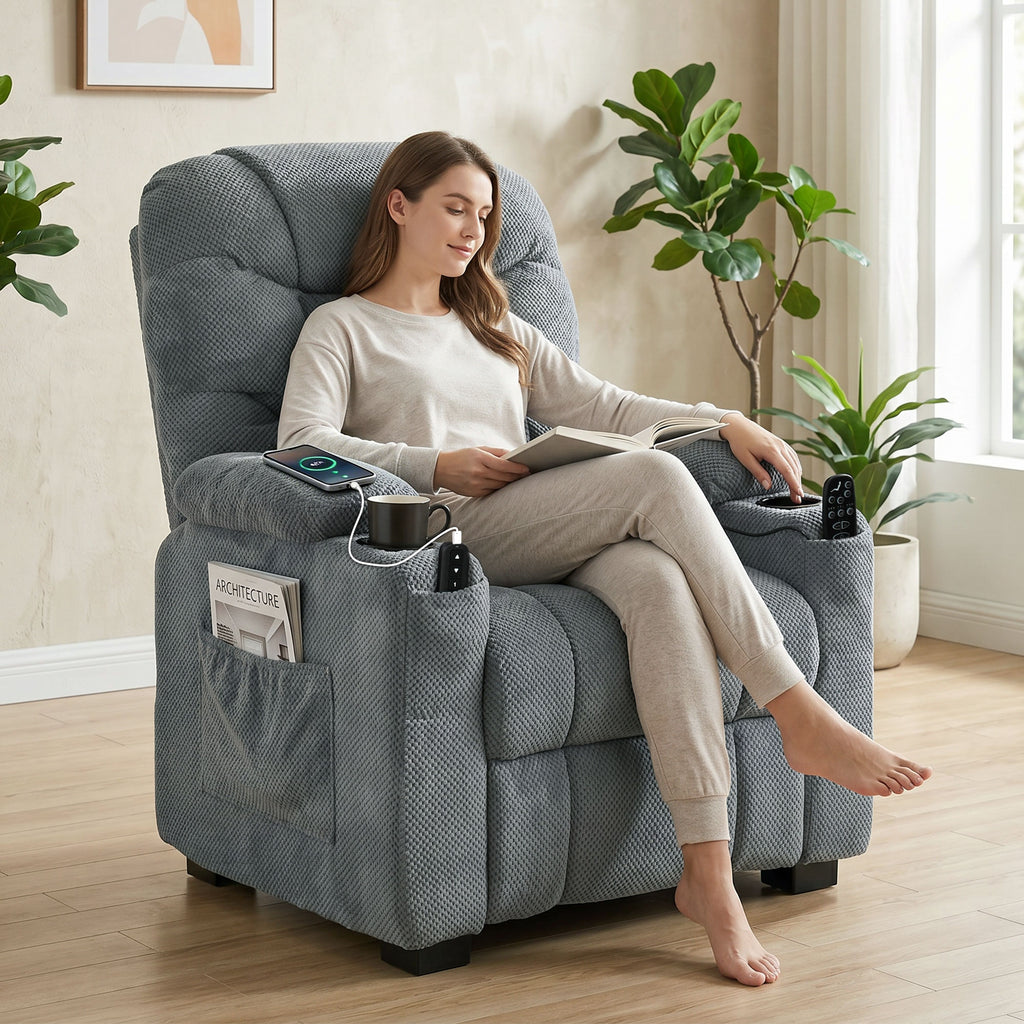 Recliner Armchair with Vibration Massage, Heat, Whisper-Quiet Motor, Memory Function, Power Reclining Chair, Dark Grey