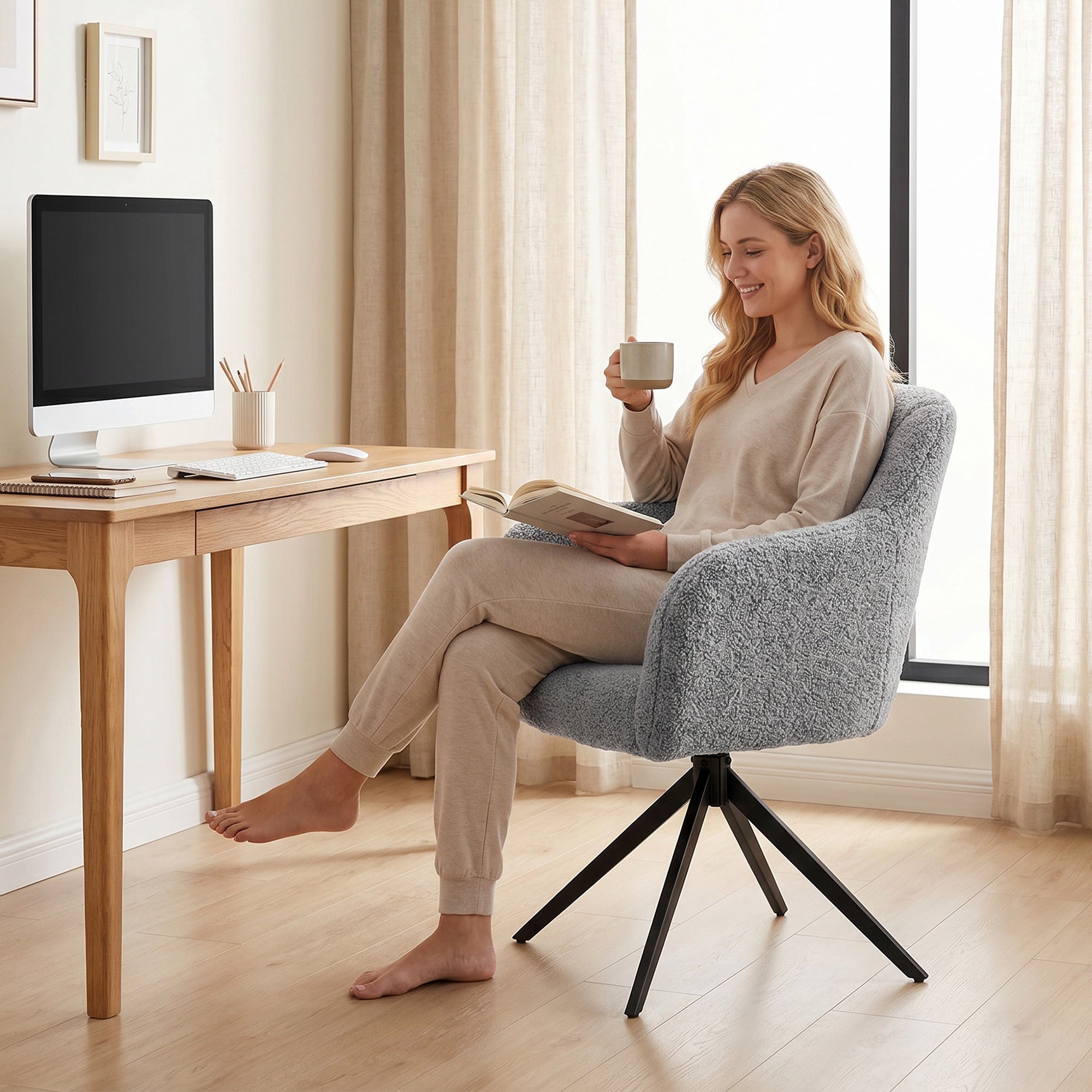 360 Degree Swivel Accent Chair, Teddy Fleece Armchair, Grey