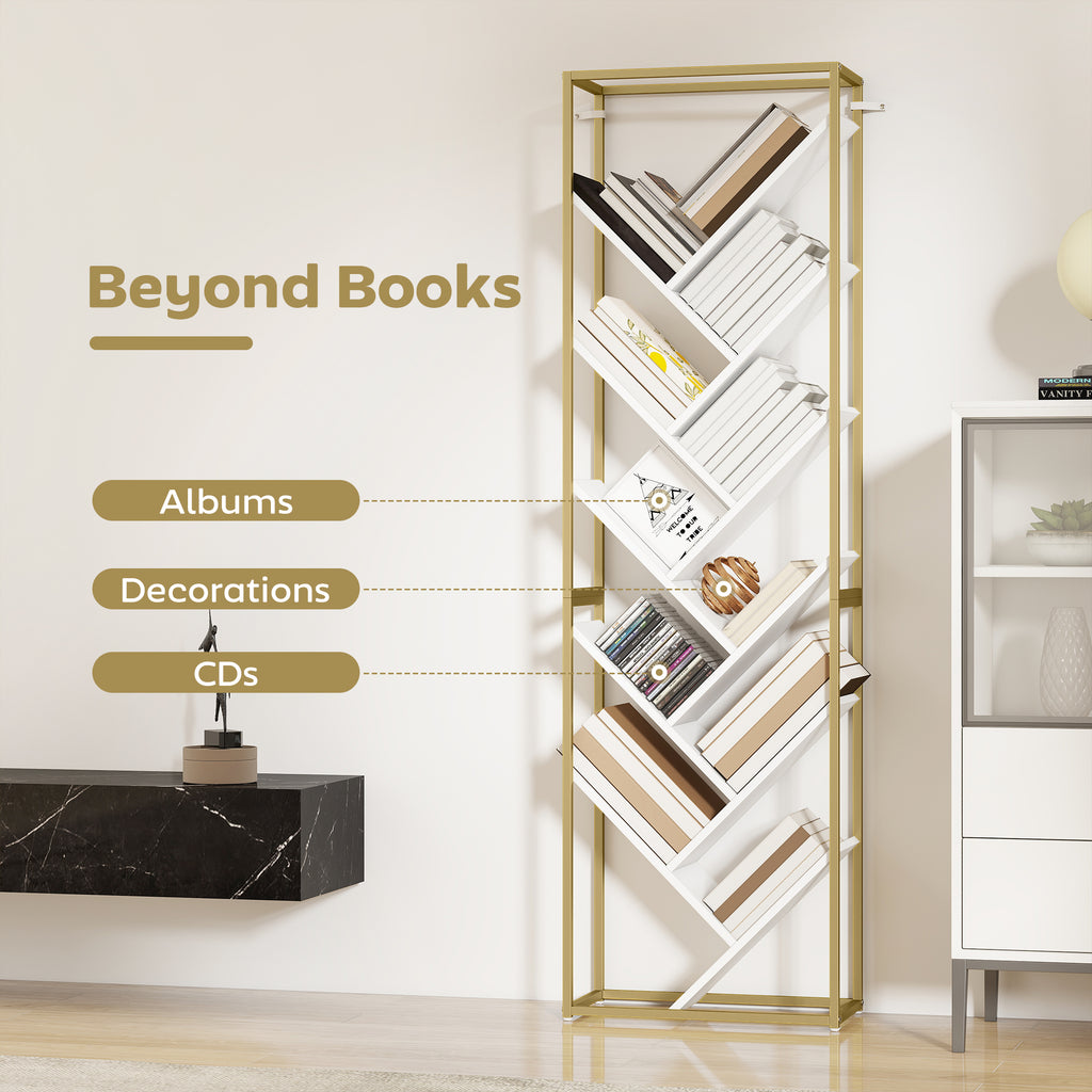 10 Shelf Modern-Style Bookshelf - Gold Tone/White