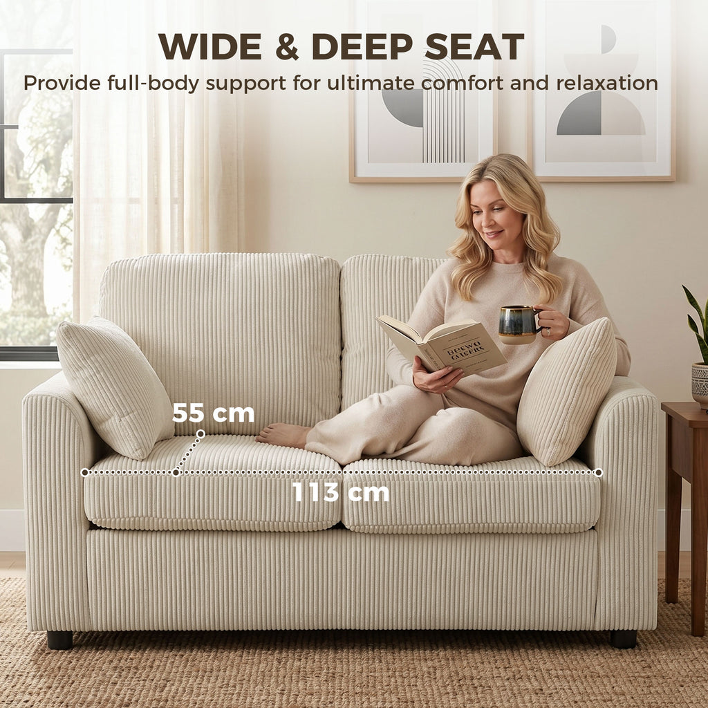 2 Seater Sofa, Corduroy Small Couch with Spring Cushion, Wide and Deep Seat, Beige