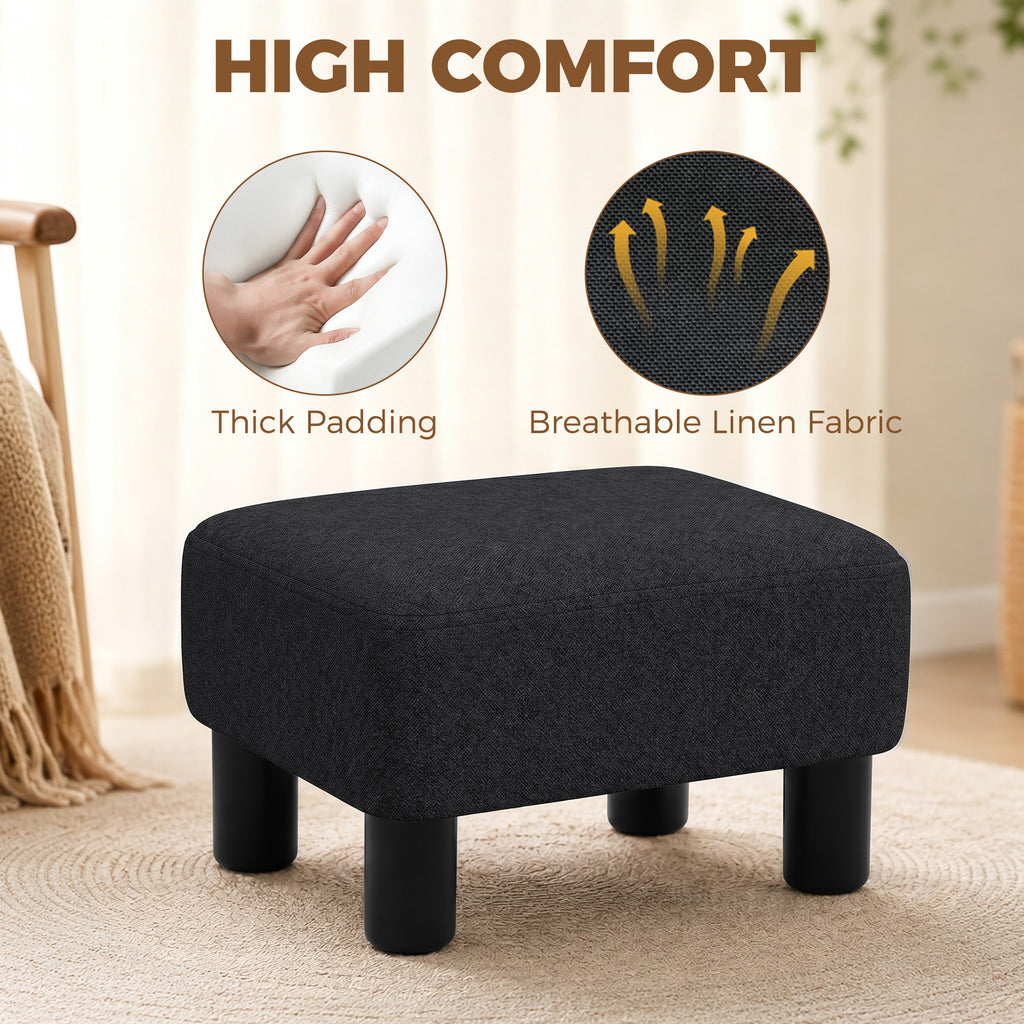 Linen Fabric Footstool Ottoman Cube with 4 Plastic Legs, Black