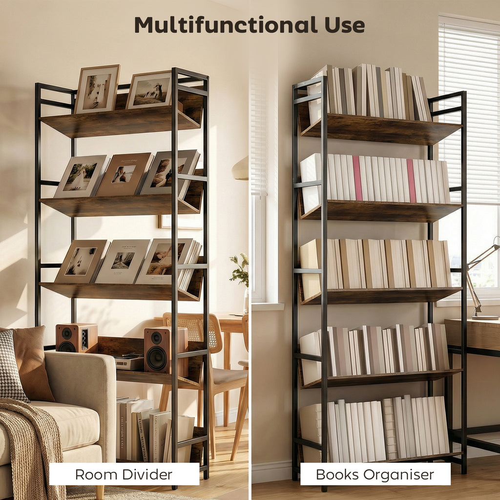 Bookshelf 5-Tier Metal Frame Room Divider Bookcase Storage Shelves for Living Room Rustic Brown