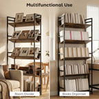 Bookshelf 5-Tier Metal Frame Room Divider Bookcase Storage Shelves for Living Room Rustic Brown