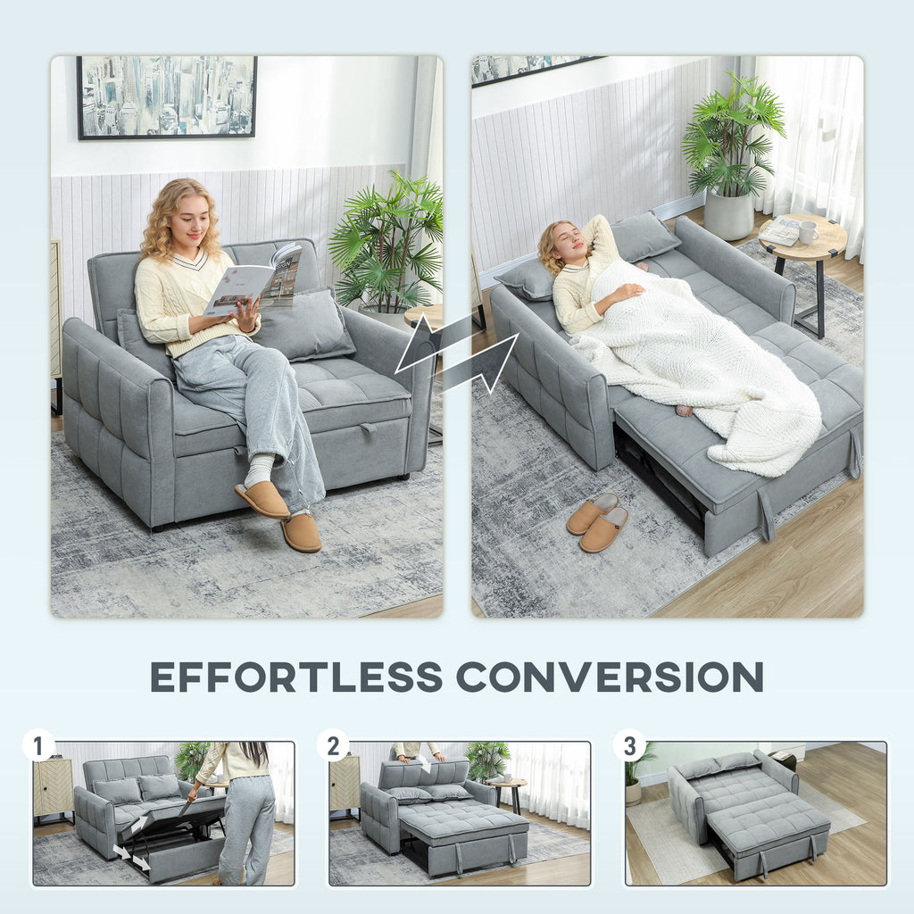 2 Seater Sofa Bed, 3-in-1 Convertible Sleeper Sofa with Click-clack Adjustable Backrest and 2 Pillows, Grey