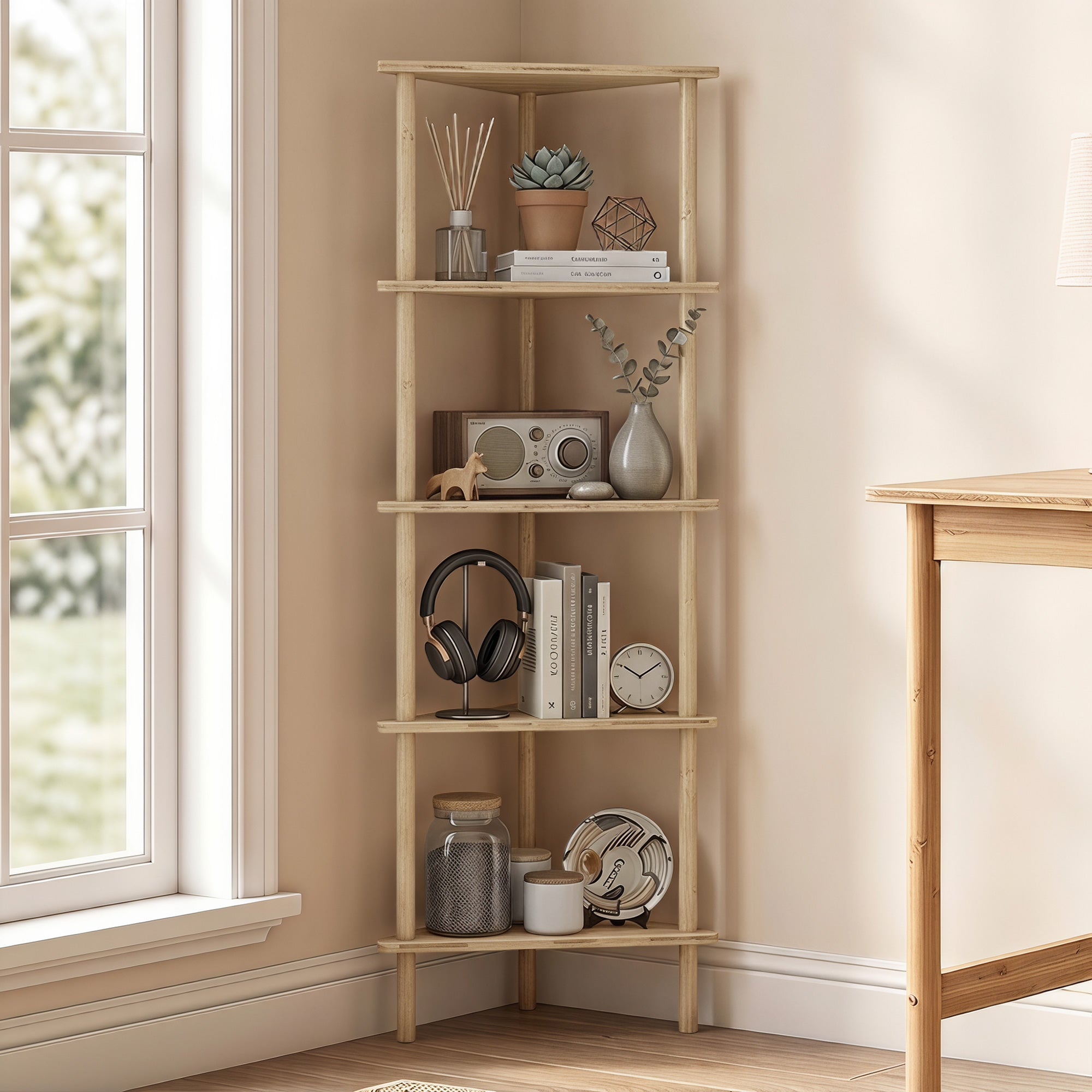 Bamboo Storage Shelf, 5-tier Corner Shelf, Freestanding Shelving Unit for Living Room, Home Office, Natural Wood Finish