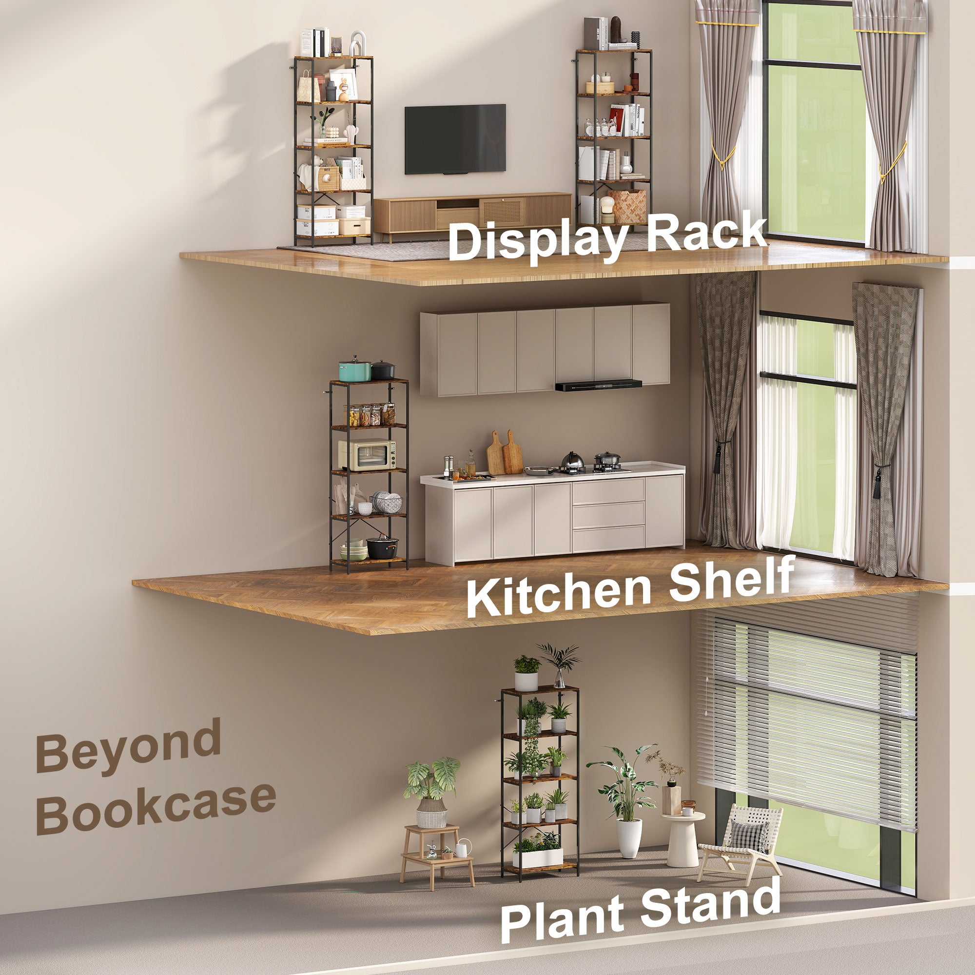5-Tier Bookshelf, Industrial Bookcase with Metal Frame - Rustic Brown and Black
