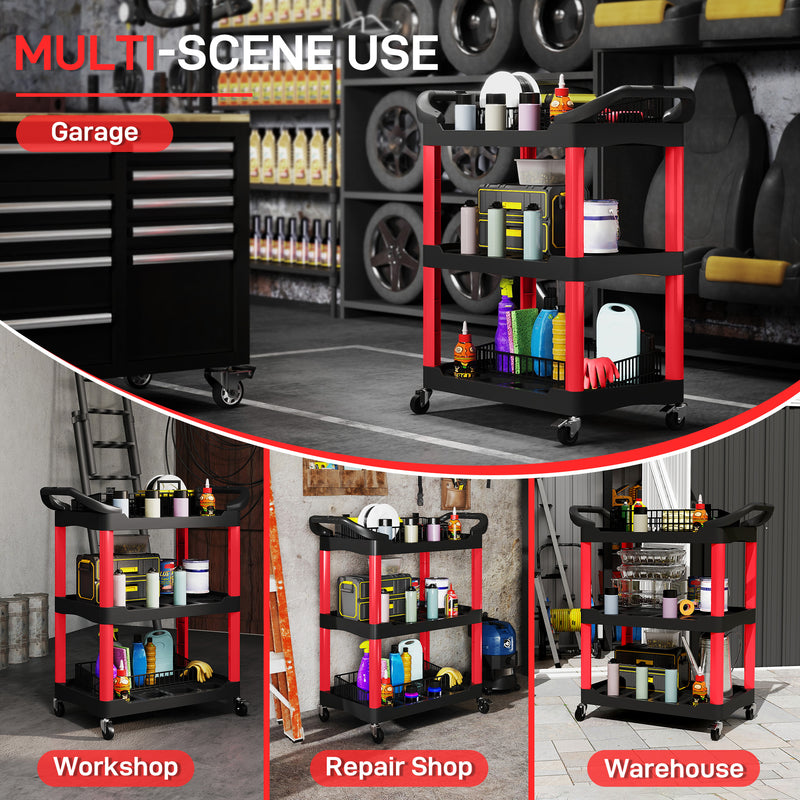 3-Tier Rolling Tool Trolley with Handles, 91kg Capacity – Black/Red – image 6 of 9