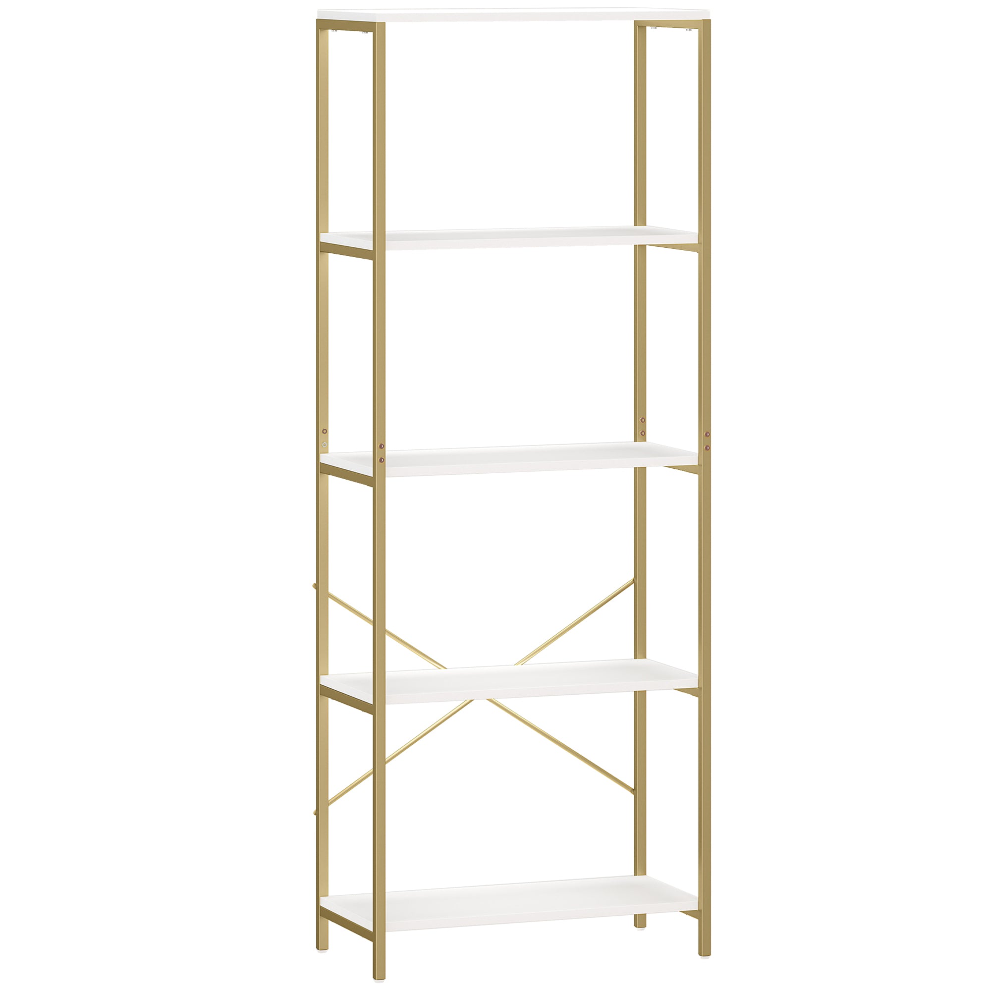 5-Tier Bookshelf, Modern Bookcase with Metal Frame - White and Gold Tone