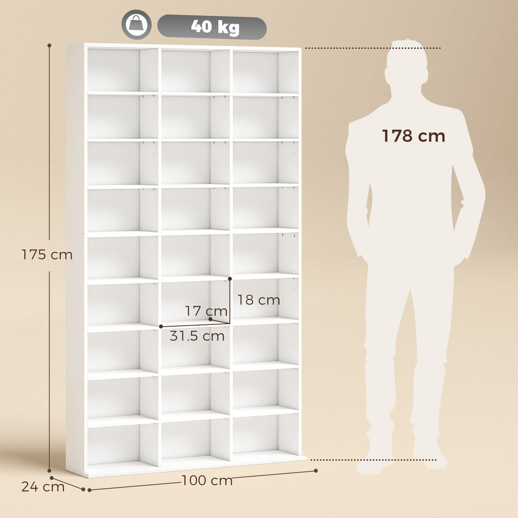 835 CD/500 DVD Storage Unit, Blu-ray Media Storage Shelf with 27 Compartments and 21 Adjustable Shelves, White