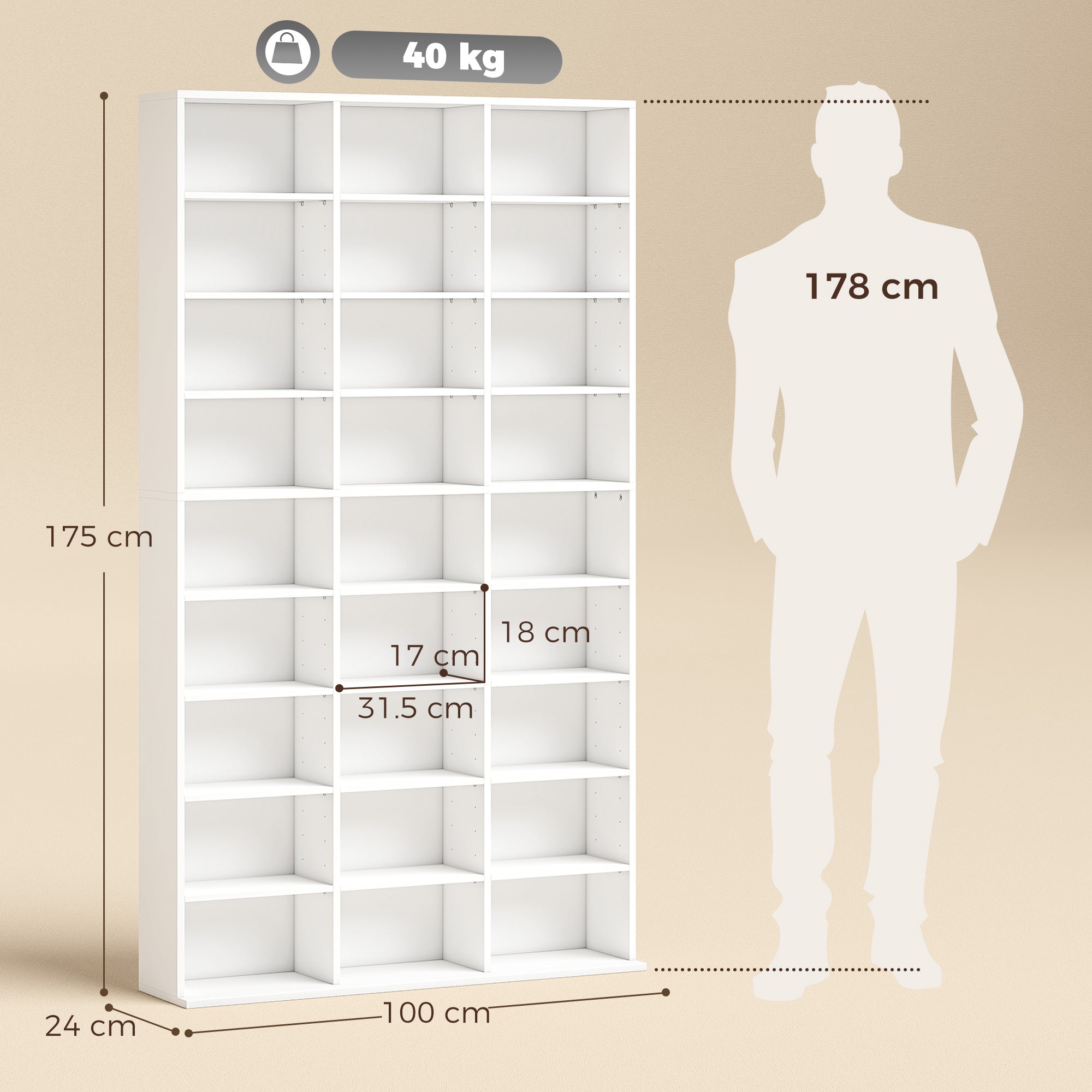 835 CD/500 DVD Storage Unit, Blu-ray Media Storage Shelf with 27 Compartments and 21 Adjustable Shelves, White