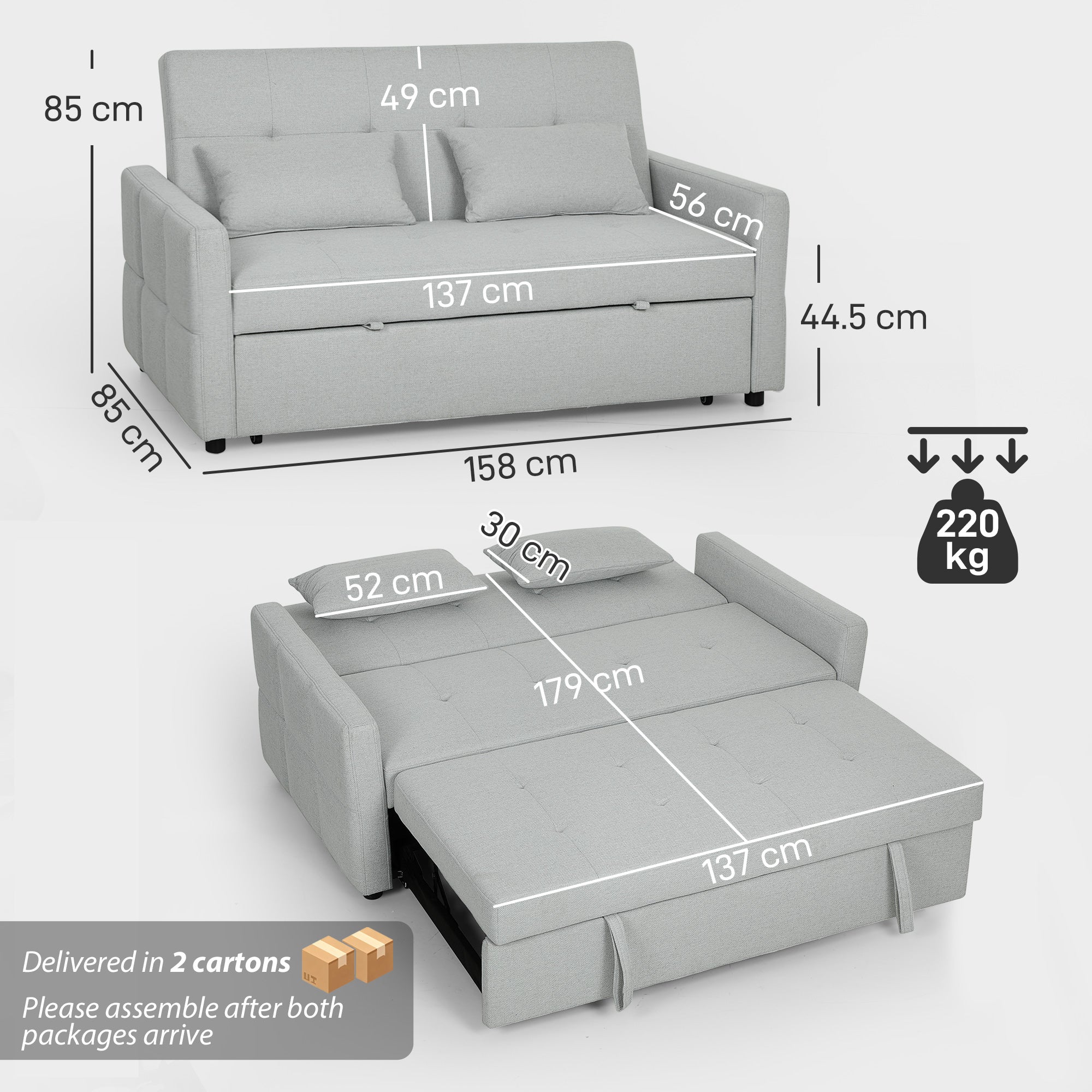Three-Way Two-Seater Sofa Bed - Light Grey