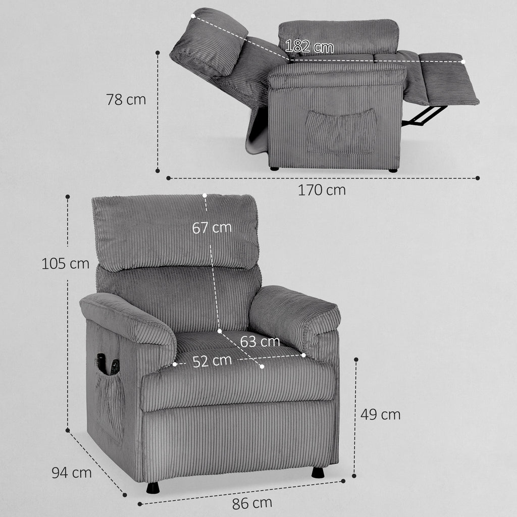 Corduroy Electric Massage Recliner - Grey
