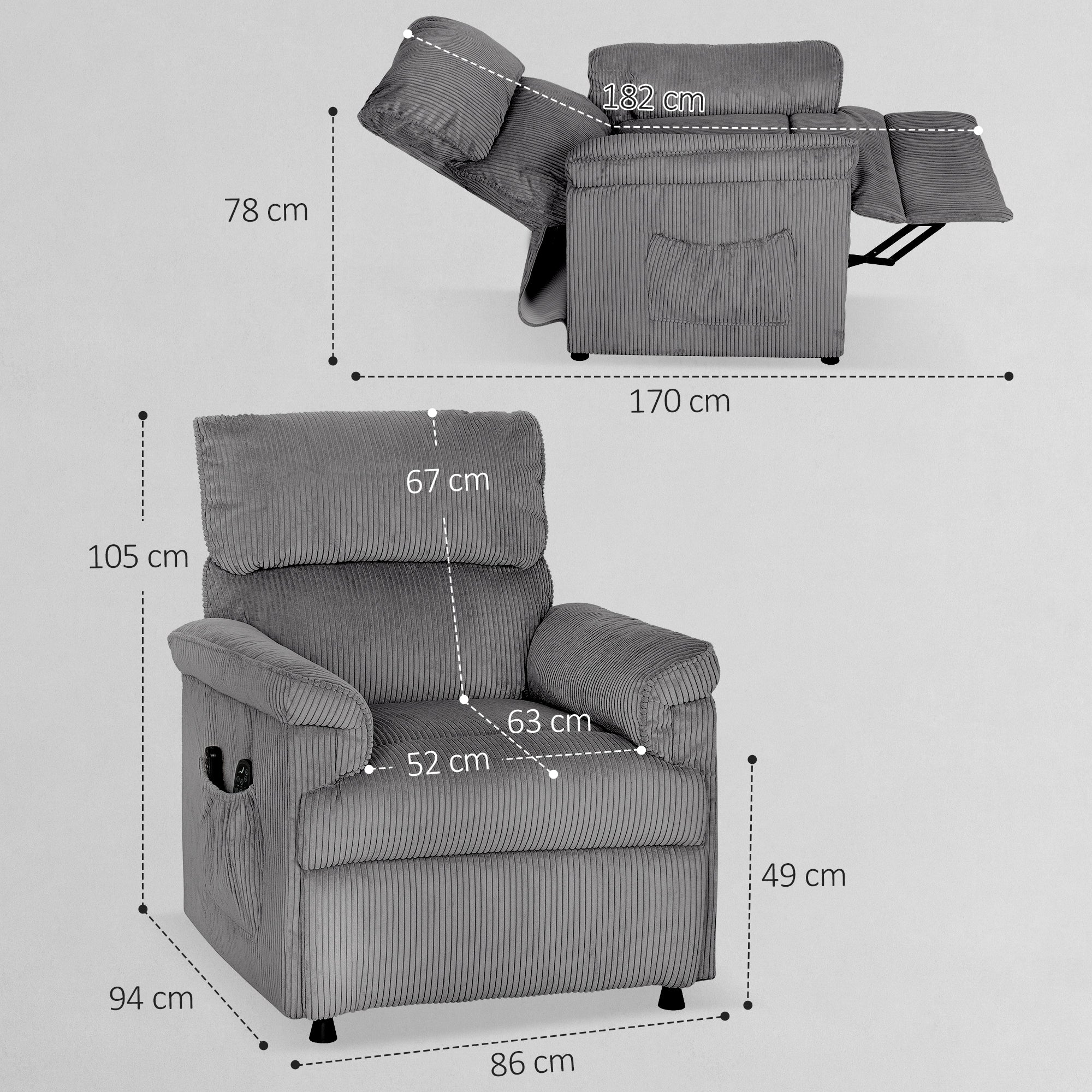 Corduroy Electric Massage Recliner - Grey