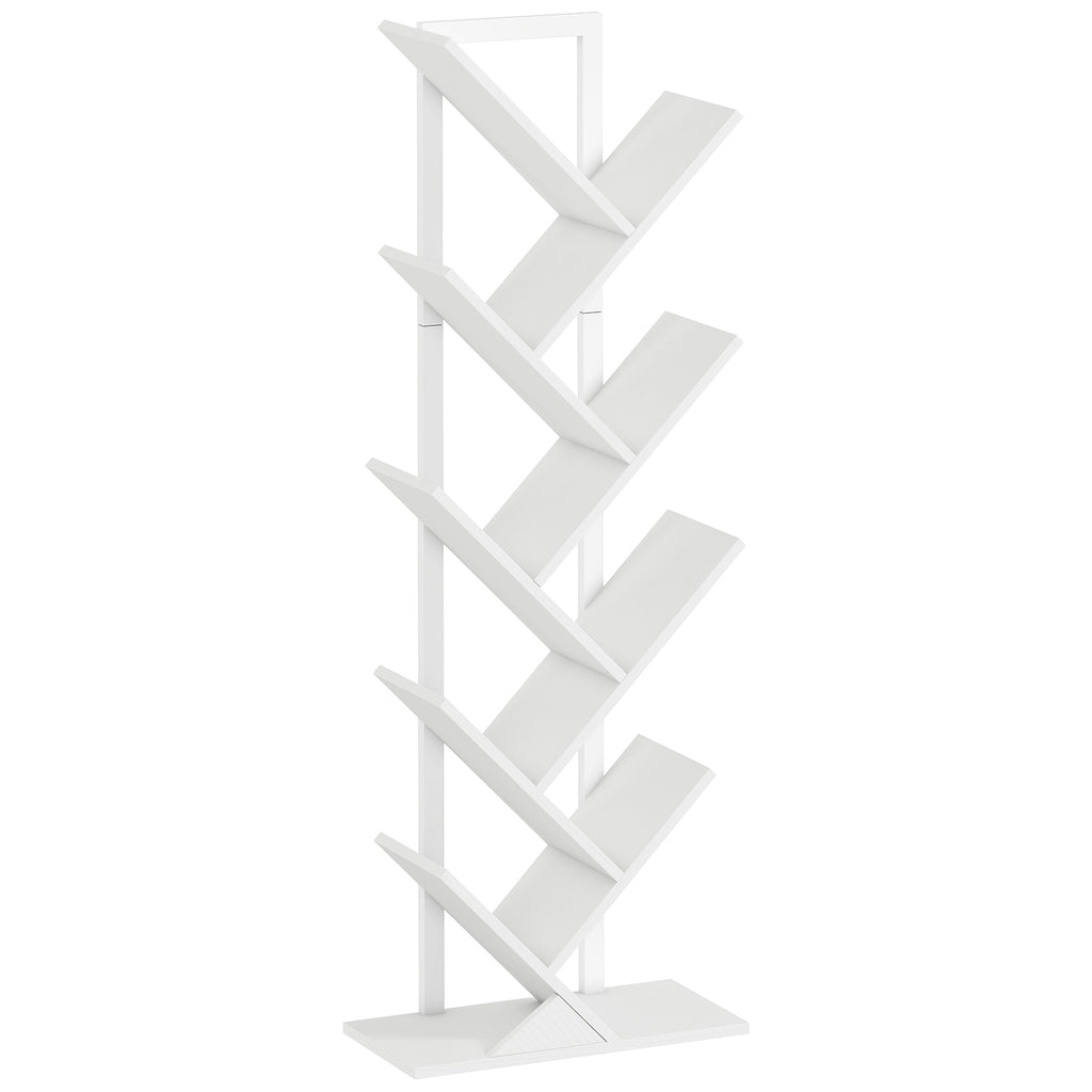9-Tier Tree Bookshelf, Industrial Free Standing Bookcase with Steel Frame, Display Storage White