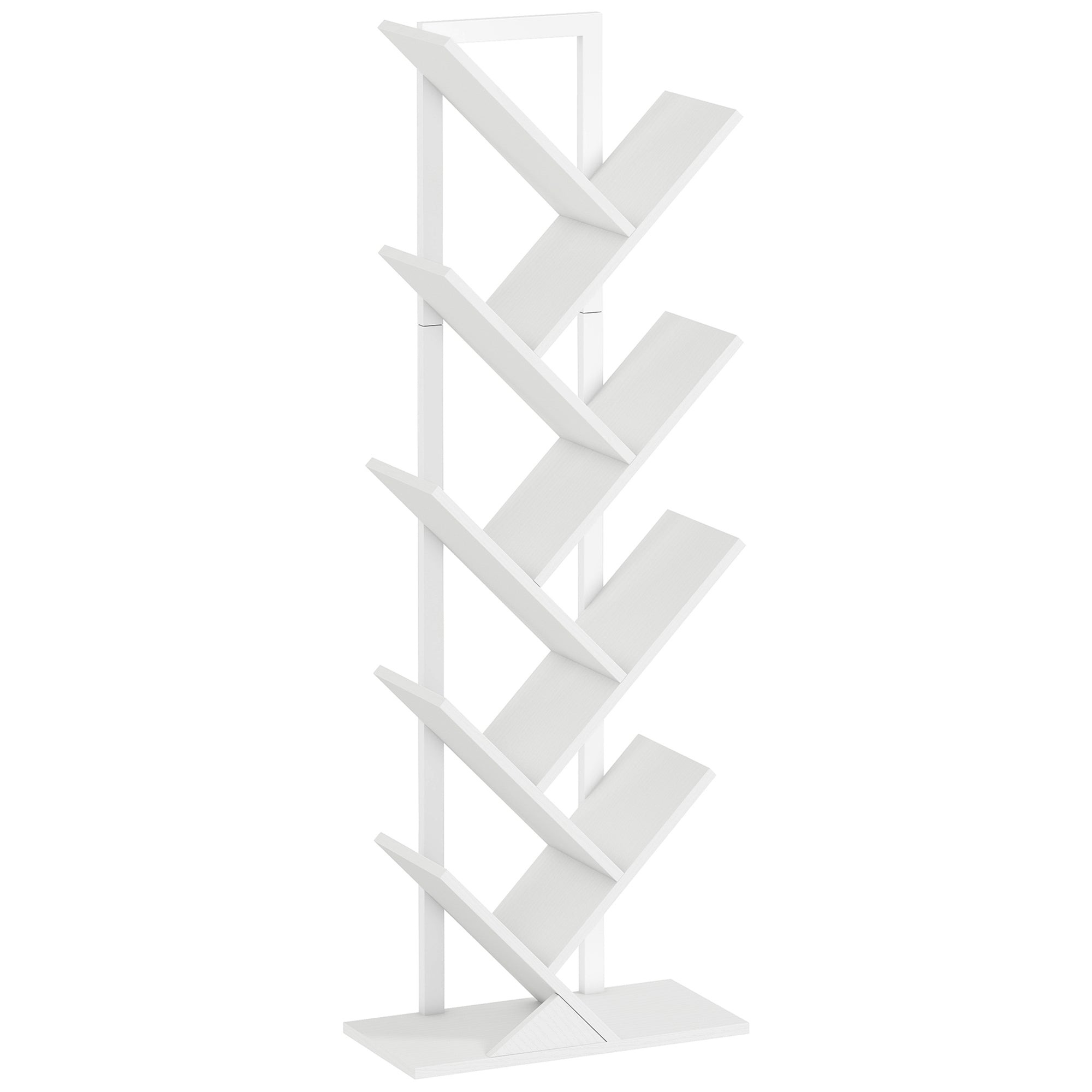 9-Tier Tree Bookshelf, Industrial Free Standing Bookcase with Steel Frame, Display Storage White
