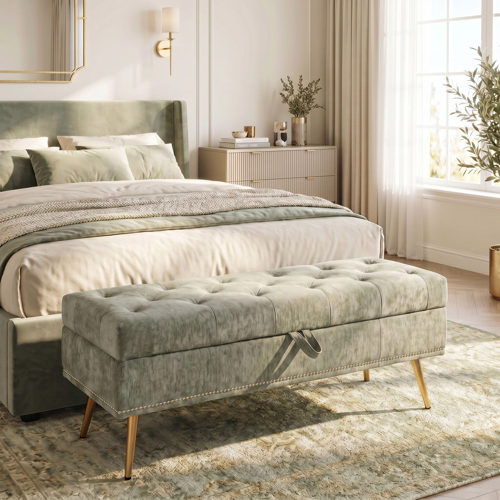 Storage Ottoman, Chenille Upholstered Ottoman Storage Box with Padded Seat, Metal Legs, 114 x 41 x 45 cm, Light Green