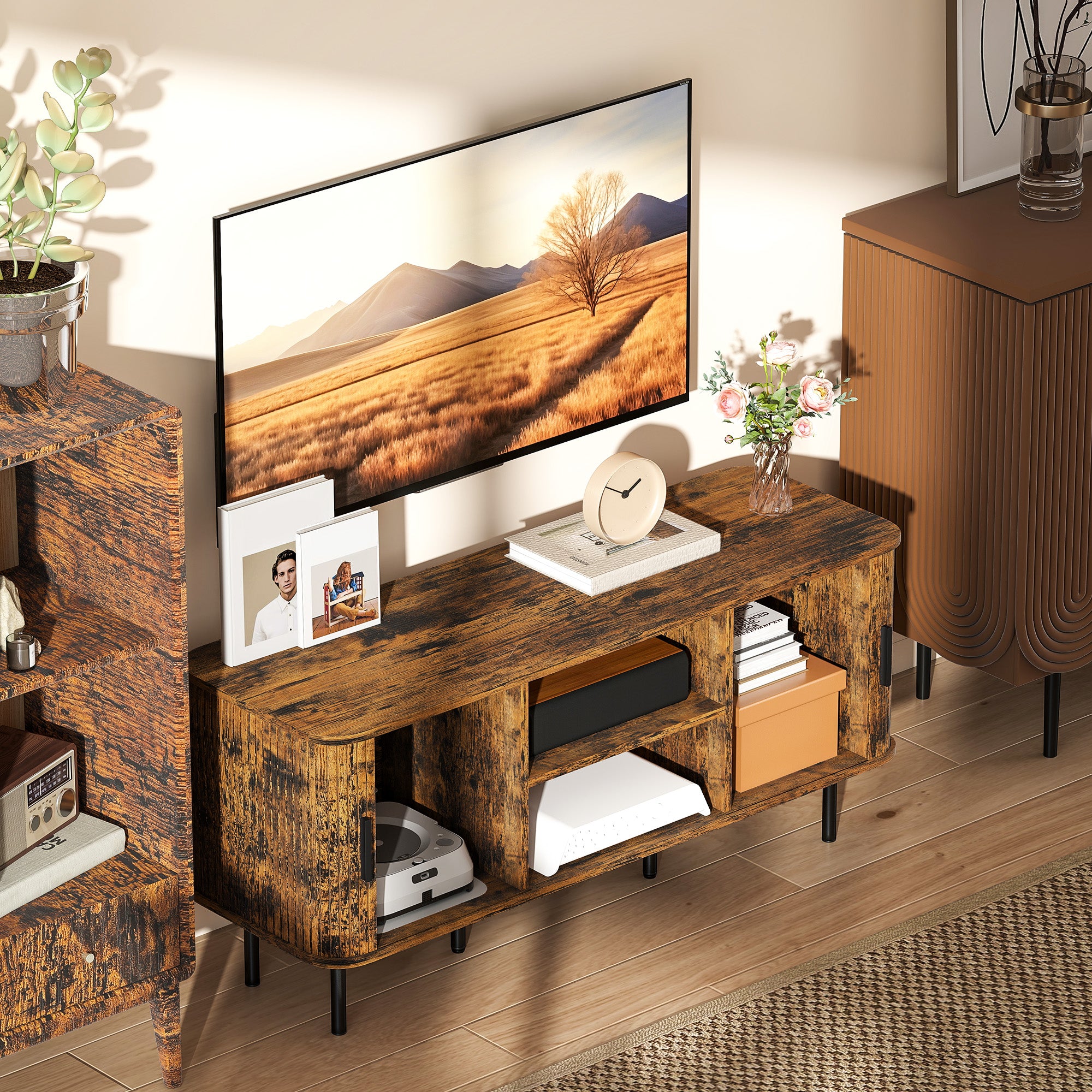 TV Stand Cabinet for TVs up to 55 Inches, TV Unit with Storage Shelves and Cupboard for Living Room, Rustic Brown