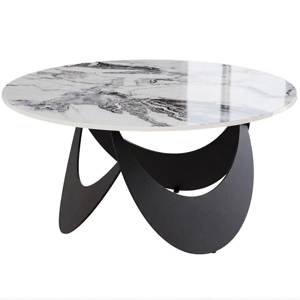 Coffee Table Sintered Stone Top Adjustable Foot Pads Modern Centre Table for Living Room White and Black
