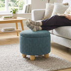 Storage Sitting Bench with Lid, Round Storage Ottoman with Rubberwood Legs, Dark Blue