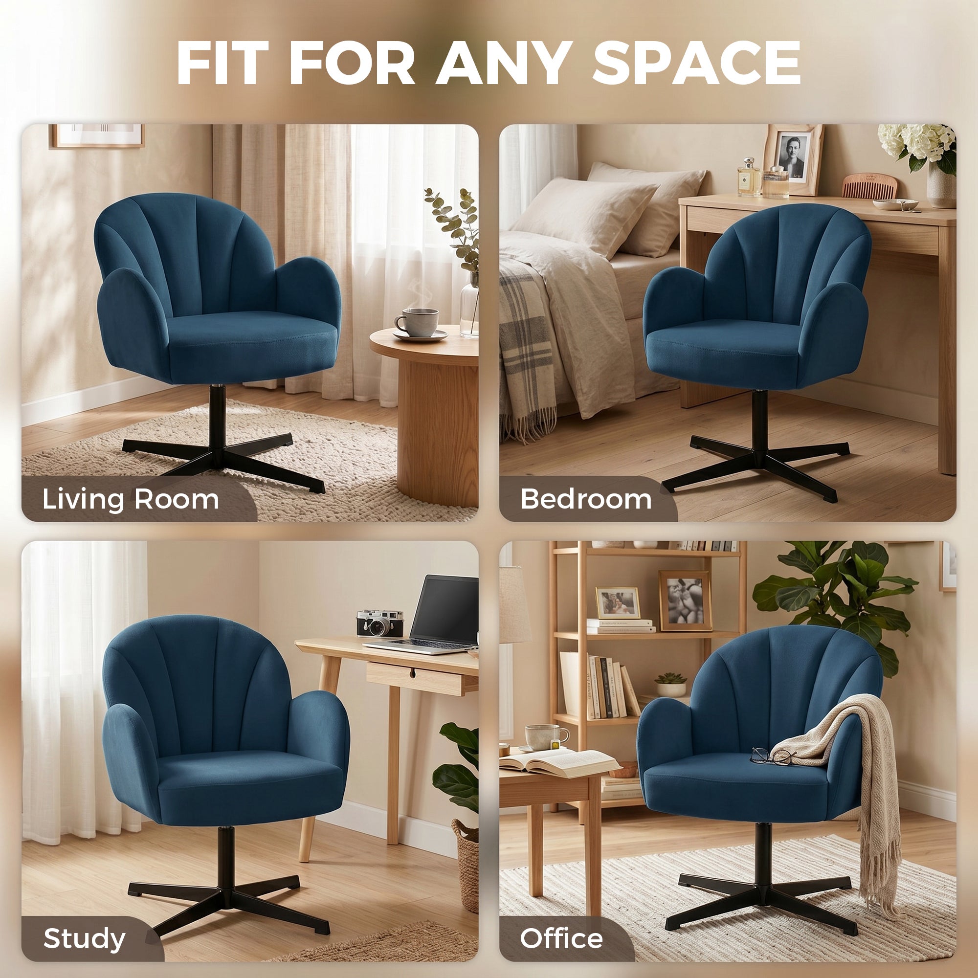 Swivel Accent Chair, Shell-Shaped Armchair with Spring Cushion, Metal Base, Dark Blue