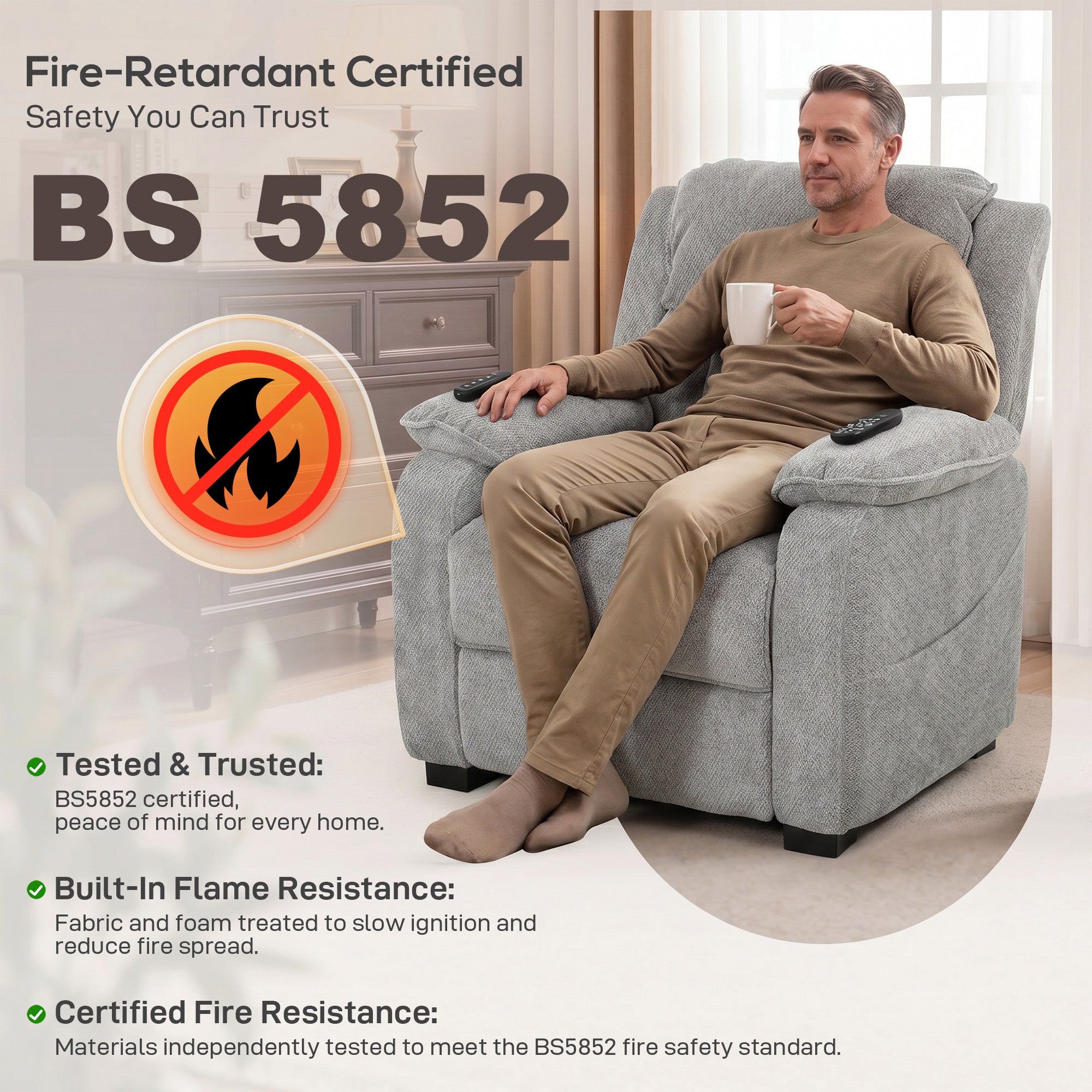Power Recliner Armchair with Massage and Heat, Electric Reclining Chair with Wide Spring Seat, Light Grey