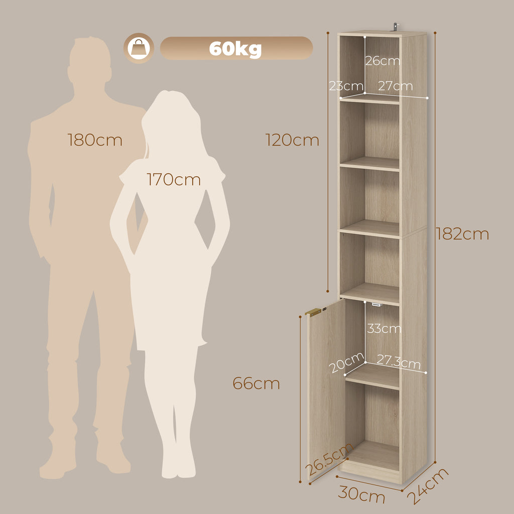 Bookcase Adjustable Shelf Bookshelf Anti-Tip Hardware 6-Tier Storage Cabinet Oak Wood Effect