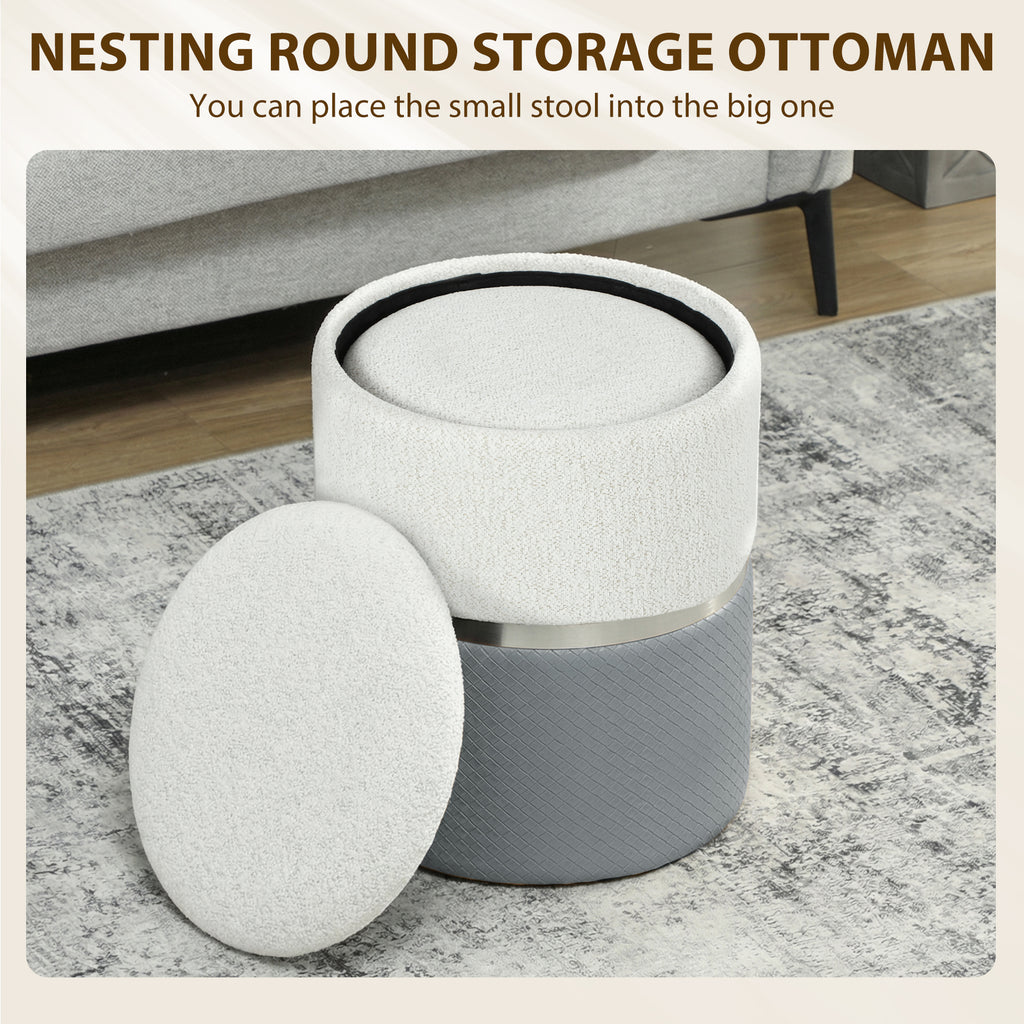 Nesting Round Ottoman with Storage Set of 2 - Cream/Grey