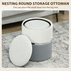 Nesting Round Ottoman with Storage Set of 2 - Cream/Grey