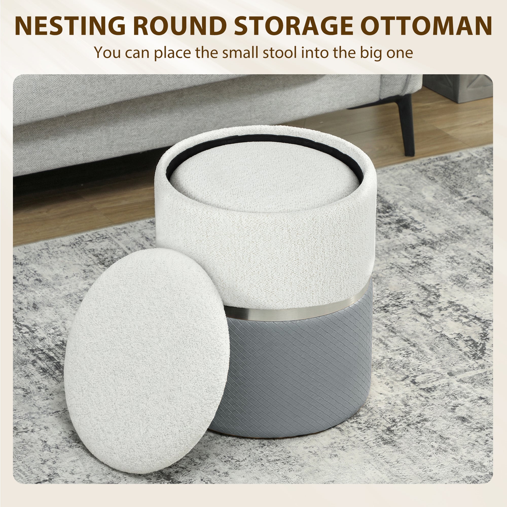 Nesting Round Ottoman with Storage Set of 2 - Cream/Grey