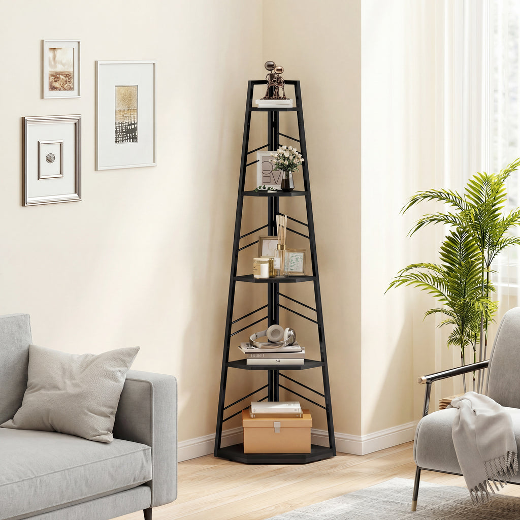 Corner Bookcase, 5-Tier Floor Standing Bookshelf, Shelving Unit for Living Room, Study, Bedroom, Black