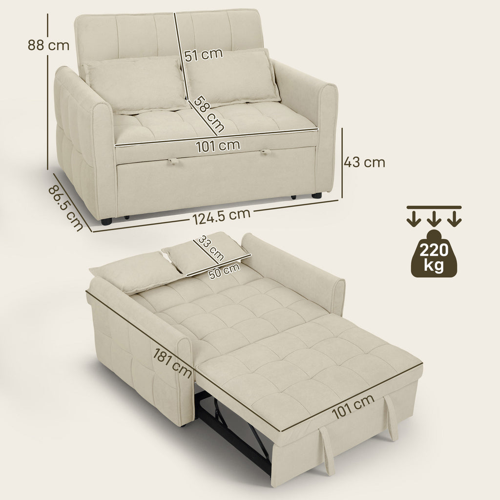 2 Seater Sofa Bed, 3-in-1 Convertible Sleeper Sofa with Click-clack Adjustable Backrest and 2 Pillows, Light Brown