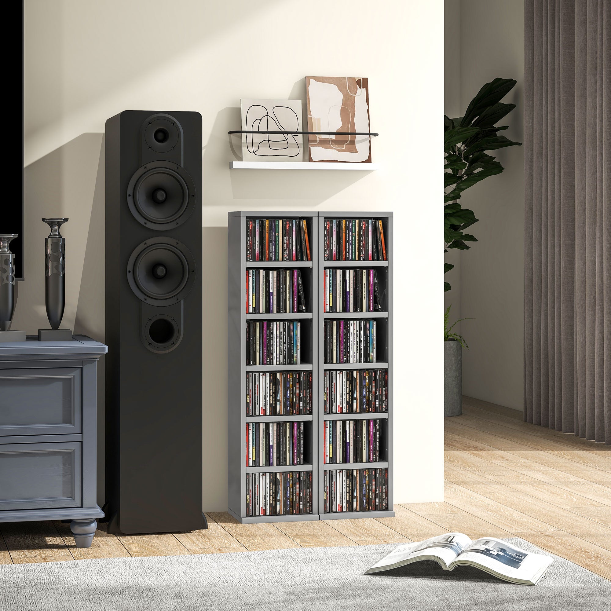 Set of 2 CD Media Display Shelf Unit Tower Rack with Adjustable Shelves, High Gloss Grey