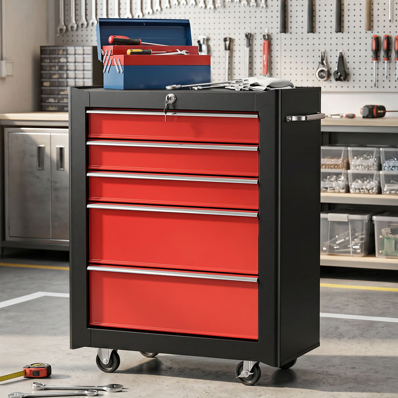 5-Drawer Lockable Rolling Tool Chest – Red – image 9 of 9