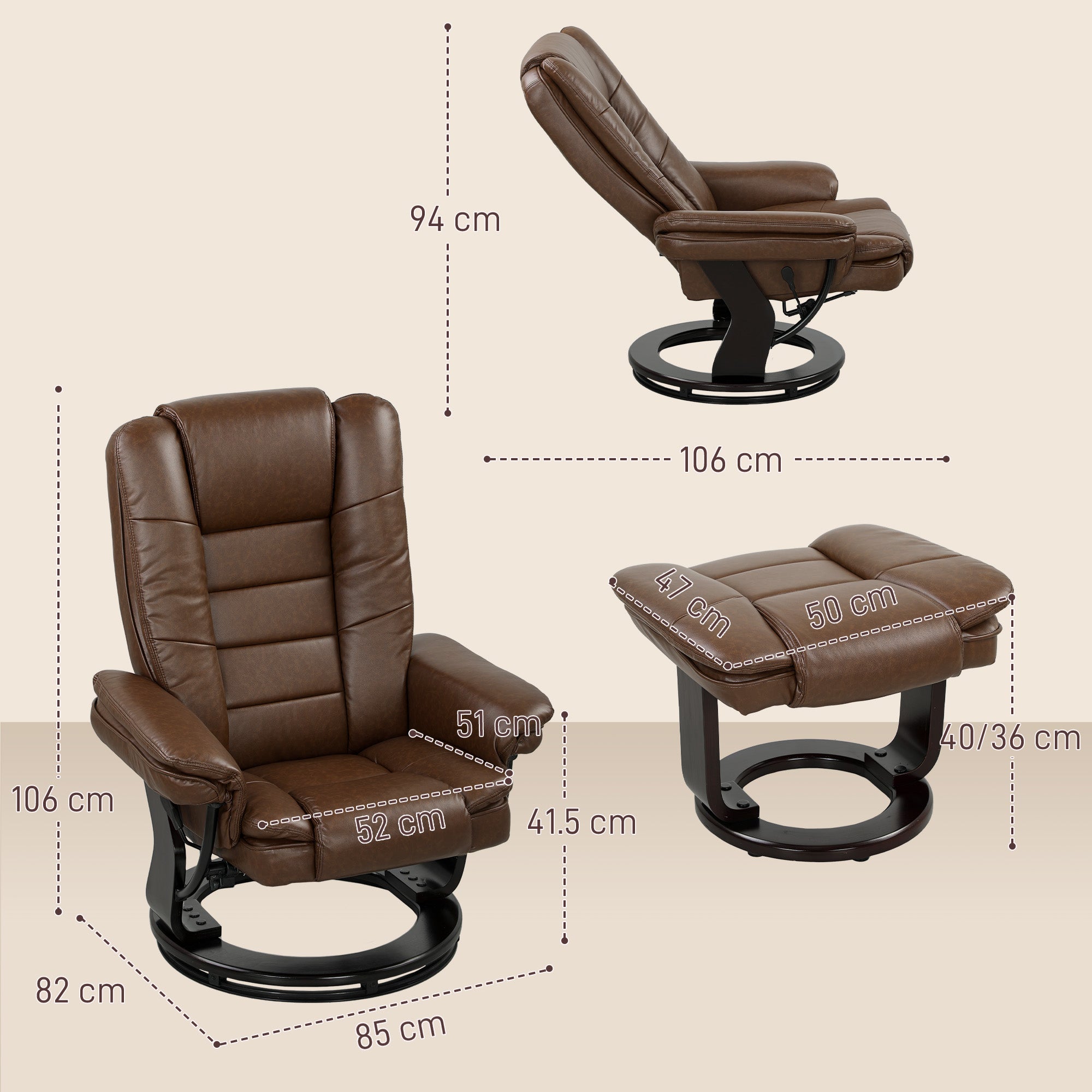 Faux Leather 135Â° Reclining Chair and Footstool - Brown