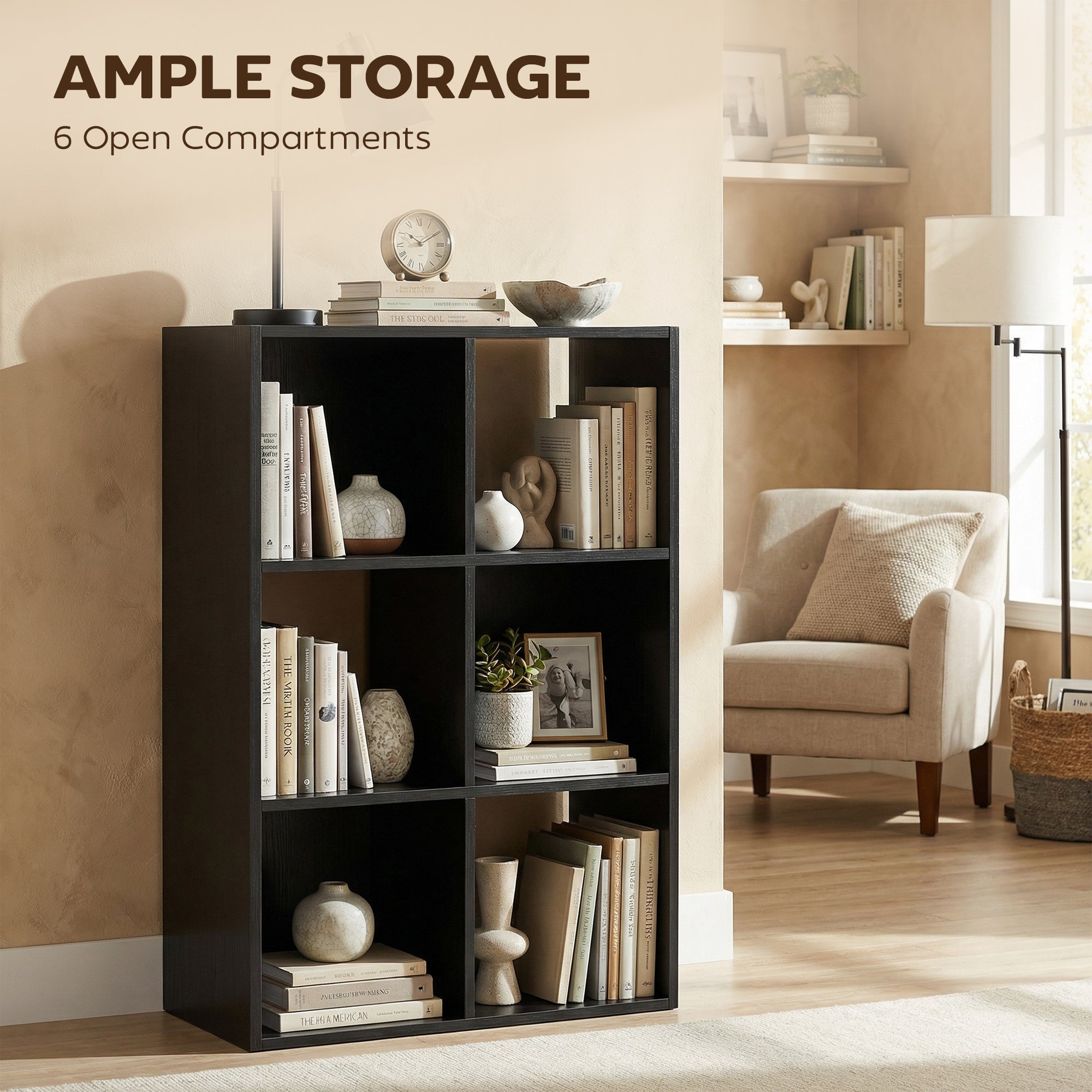 Industrial Style Storage Shelf, Bookcase, Bookshelf with 6 Compartments, for Living Room, Home Study, Black Wood Effect