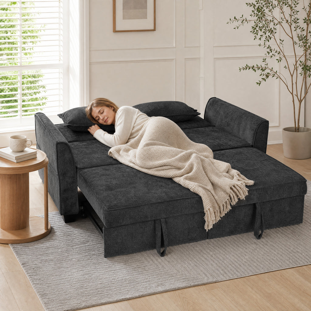 2 Seater Sofa Bed, 4-in-1 L-Shaped Convertible Pull-Out Sleeper Sofa with Adjustable Backrest and Side Pockets, Black