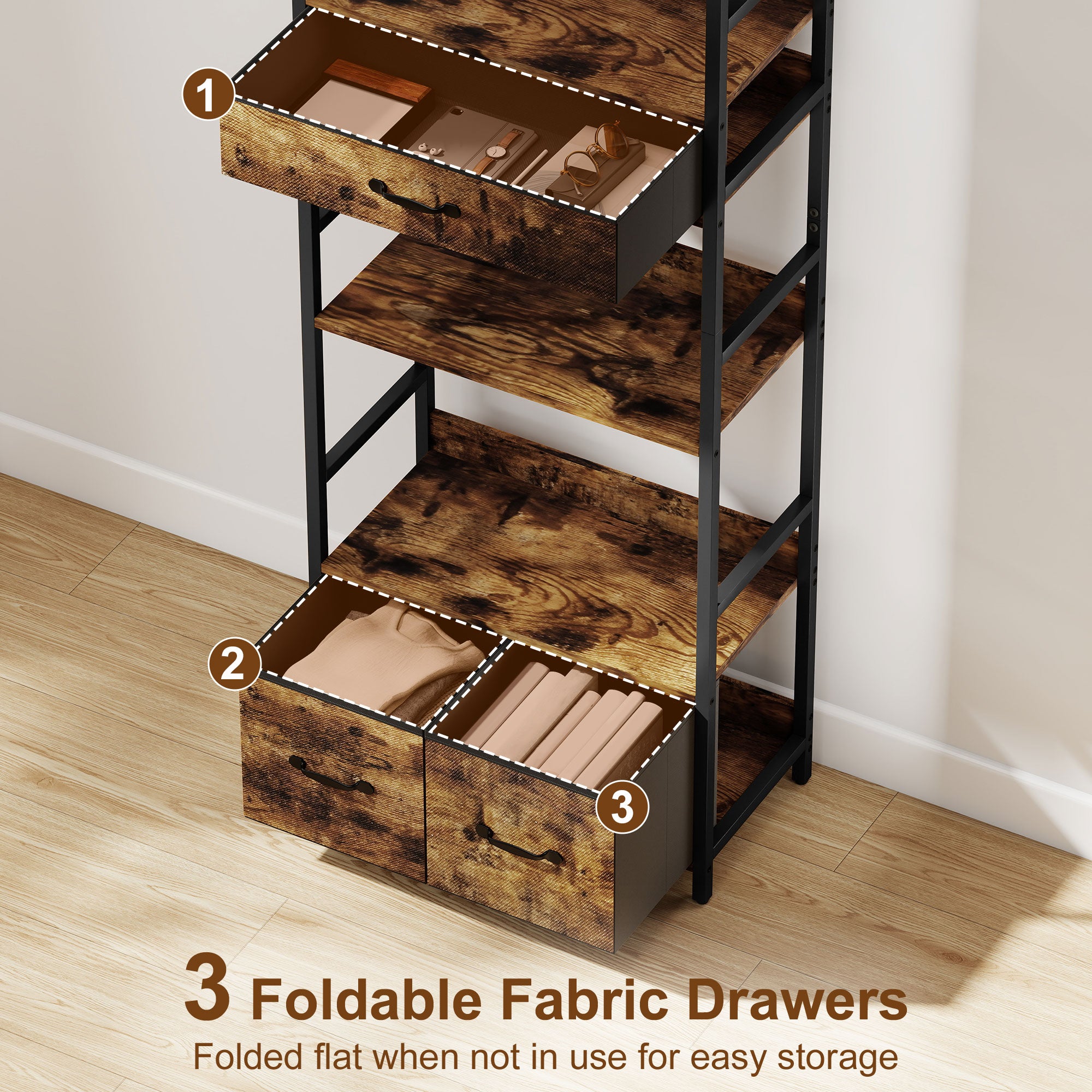 Industrial Style Bookcase, with 4 Shelves and 3 Fabric Drawers - Brown/Black