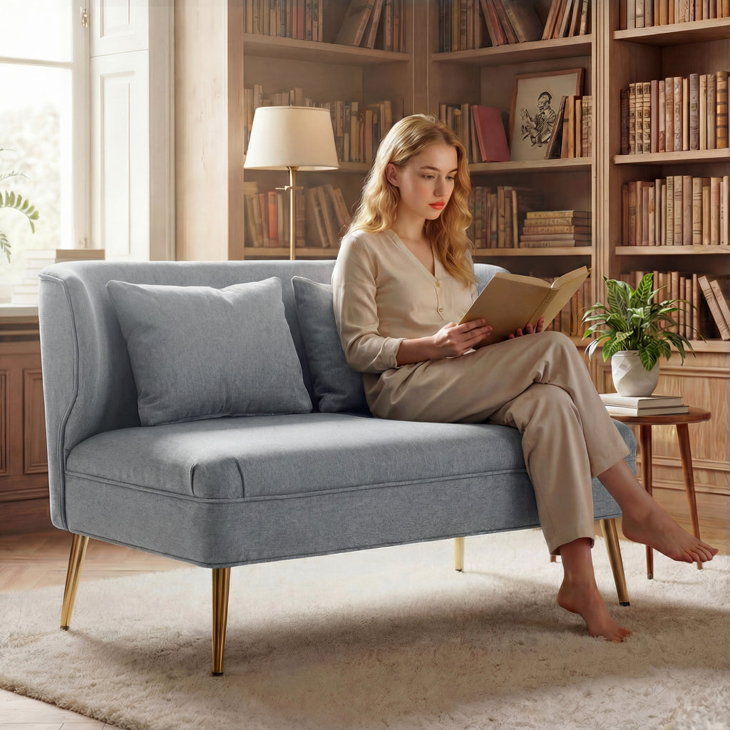 2 Seater Sofa, Linen-look Fabric Small Sofa with Wing Back, Thick Seat, Metal Legs, Light Grey