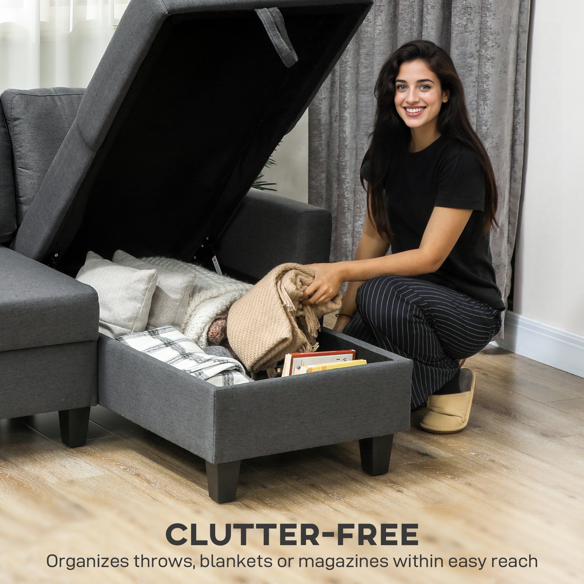 Three-Seater Storage Sofa Bed -  Charcoal Grey
