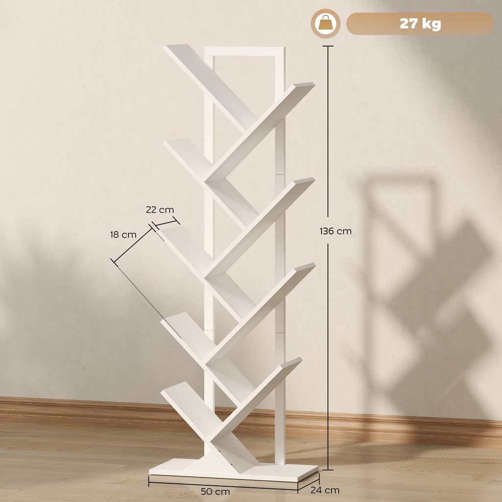 9-Tier Tree Bookshelf, Industrial Free Standing Bookcase with Steel Frame, Display Storage White