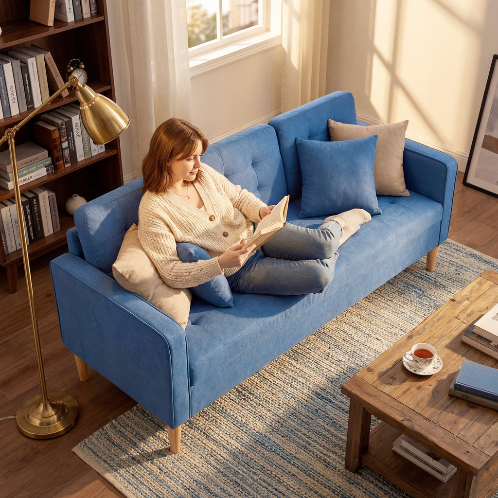 3 Seater Sofa, 169cm Couch with Hidden Storage, Wood Legs, Blue