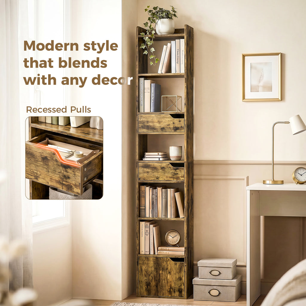 Bookcase Tall Narrow with 5 Tiers and Drawers Freestanding Bookshelf Storage Cabinet for Living Room Rustic Brown