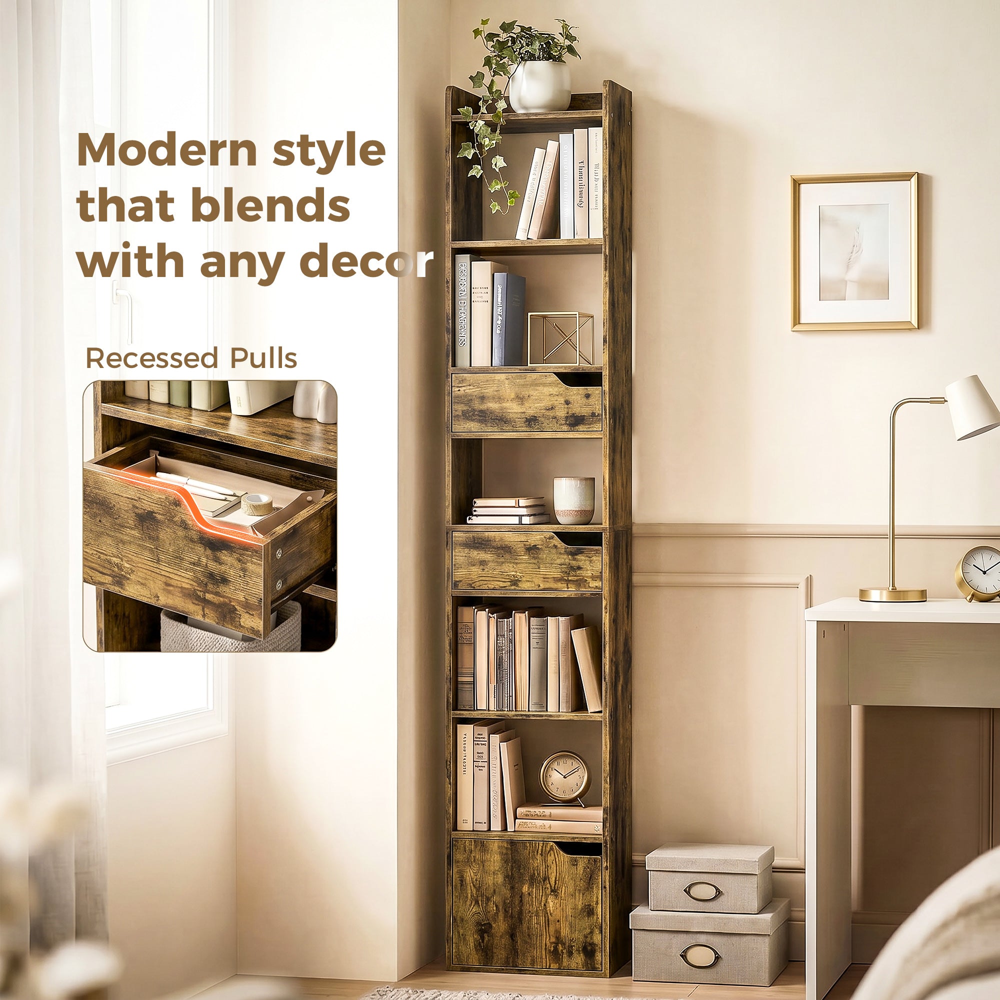 Bookcase Tall Narrow with 5 Tiers and Drawers Freestanding Bookshelf Storage Cabinet for Living Room Rustic Brown