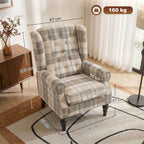 Wingback Accent Chair, Linen-Look Fabric Armchair with Thick Spring Cushion, High Back, Khaki Plaid