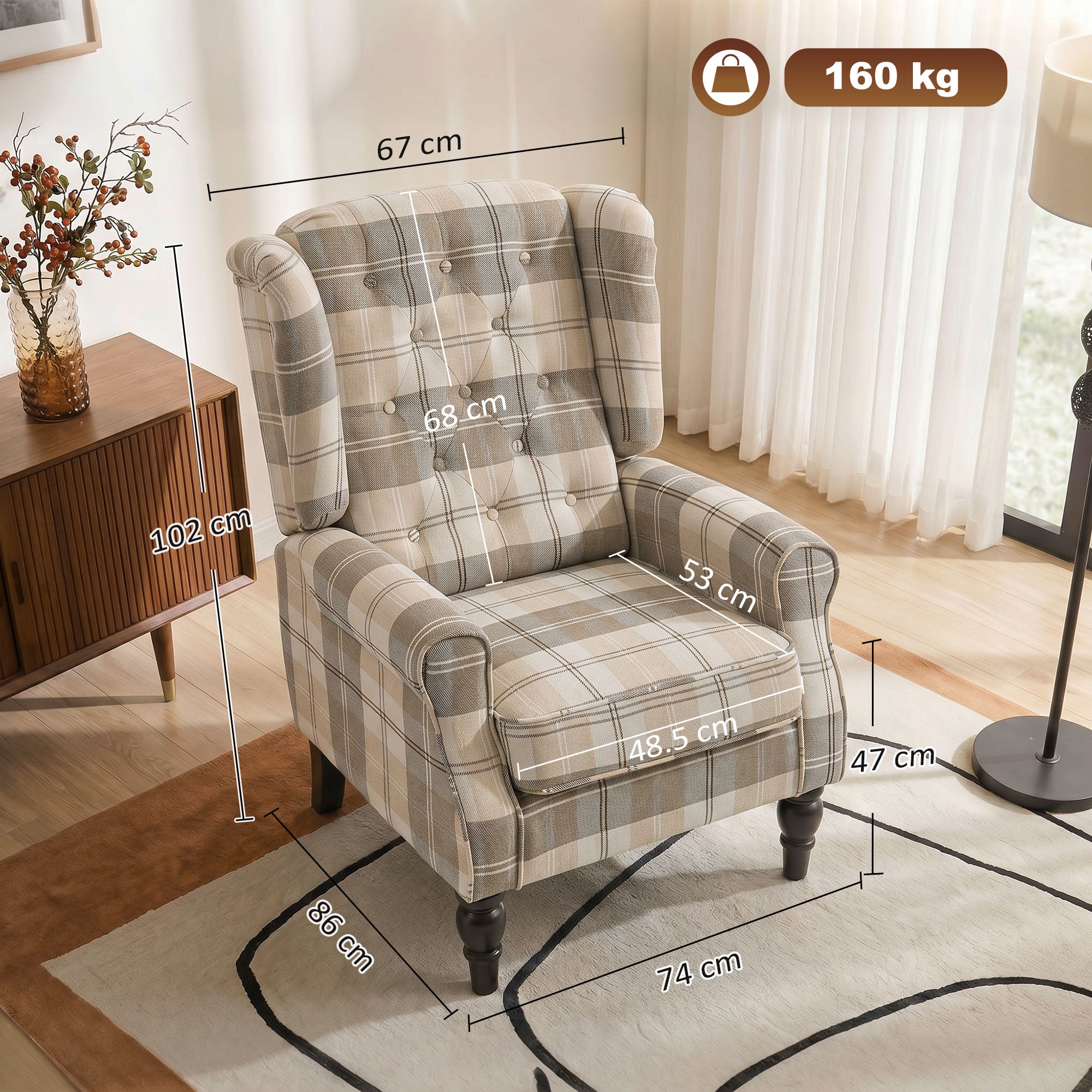 Wingback Accent Chair, Linen-Look Fabric Armchair with Thick Spring Cushion, High Back, Khaki Plaid