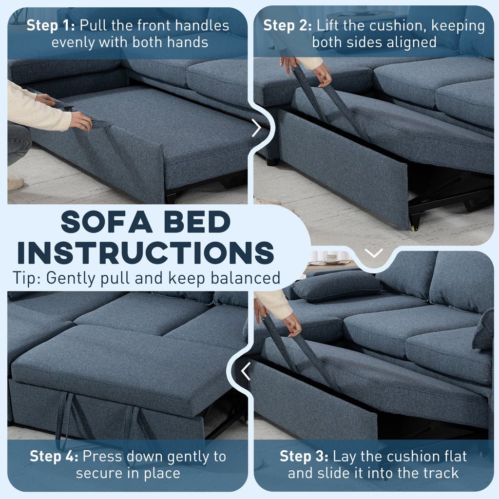 Corner Sofa Bed, L Shaped Sleeper Sectional Sofa with Reversible Storage Chaise, Blue