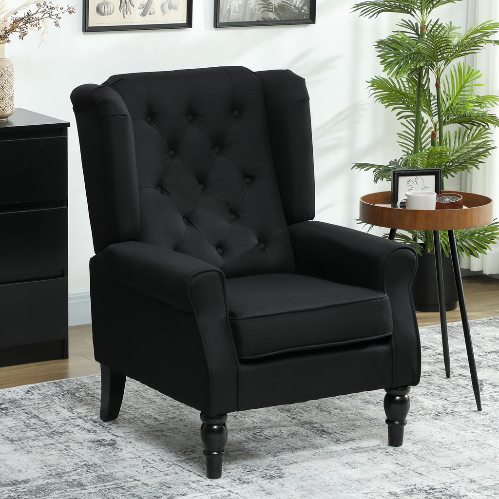 Wingback Accent Chair, Faux Linen Armchair with Thick Spring Cushion, High Back, Solid Wood Legs, Retro Button Tufted Reading Chair for Living Room, Bedroom, Black